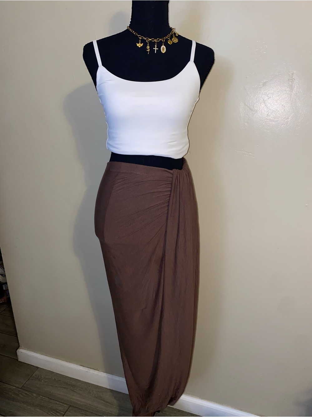 Women's Brown Draped Maxi Skirt with Side Knot